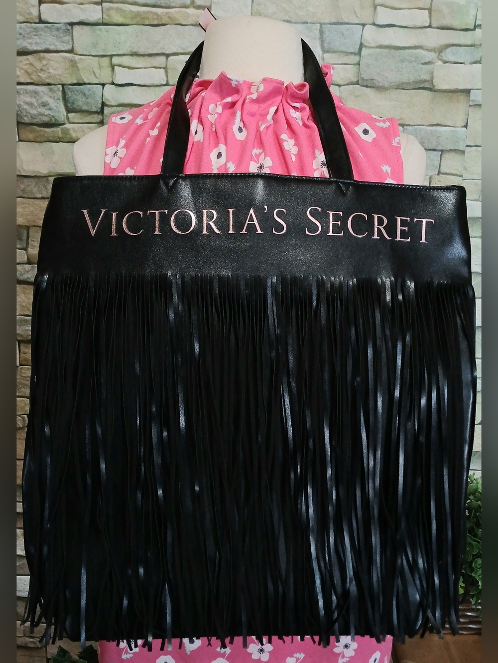 Victoria's Secret Black Faux Leather Tote Bag Purse w/Fringe Limited Edition New